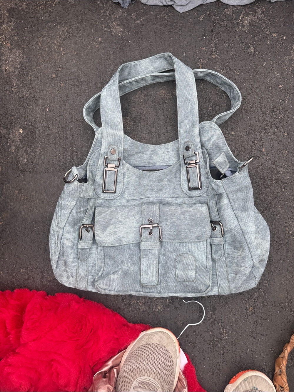Women’s Slate Gray Tote Handbag with Front Buckle Pocket